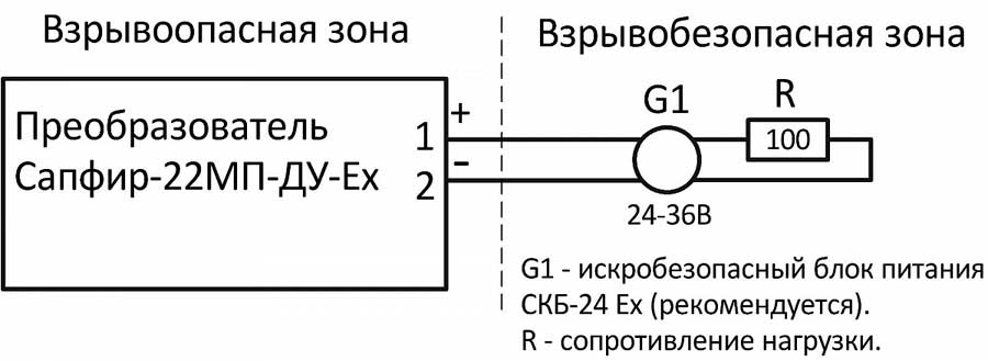 Схема включения для буйковых уровнемеров Сапфир-22МП- ДУ-Ех с выходным сигналом 4-20 мА при двухпроводной линии связи